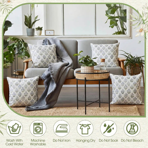 4 Pack 18x18 Inch Blue Green Block Print Pillow Covers Double Sided Vintage Spring Floral Boho Linen Pillowcases For Farmhouse Sofa Couch Outdoor Patio Decor Cozy Up Your Living Space With Cheerful Garden Vibes. Four 18x18 linen covers on a sofa