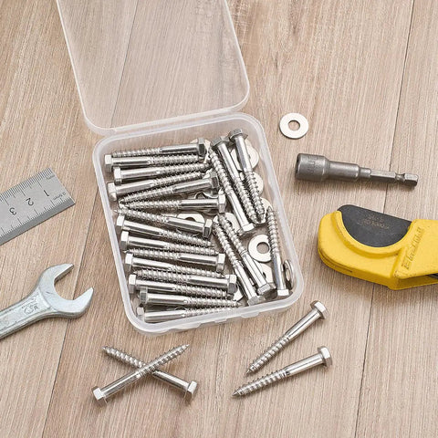 High Grade 25 Pc 1/4X2 Inch Hex Lag Screws Heavy Duty 304 Stainless Steel Rustproof Garden Flower Stand Hardware in a clear container.