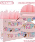 13 Inch Large Cat Birthday Gift Bag Set With Handles, Greeting Card, Pink Tissue Paper, Kitty Themed Stickers, Banner For Girls Kids Teens Women, Easy Gift Packaging, 1 Piece showing satin ribbon handle and cat print