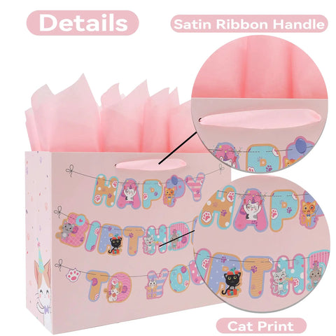 13 Inch Large Cat Birthday Gift Bag Set With Handles, Greeting Card, Pink Tissue Paper, Kitty Themed Stickers, Banner For Girls Kids Teens Women, Easy Gift Packaging, 1 Piece showing satin ribbon handle and cat print