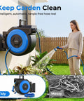 Woman using Retractable Garden Hose Reel Wall Mount With Five Eighth Inch 90 Ft Hose Auto Rewind Lock At Any Length in garden