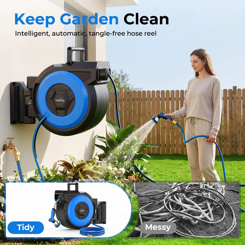 Woman using Retractable Garden Hose Reel Wall Mount With Five Eighth Inch 90 Ft Hose Auto Rewind Lock At Any Length in garden