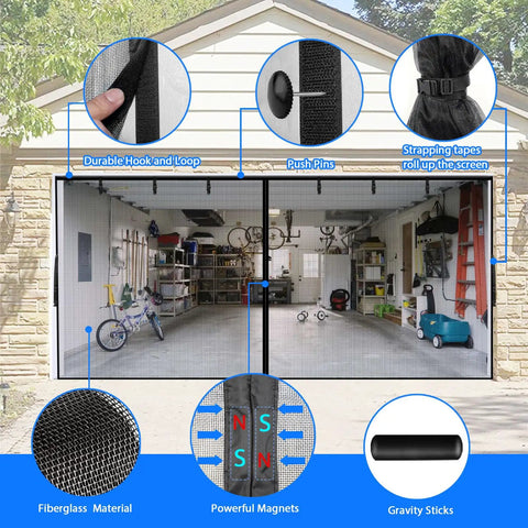 Two Car Garage Door Screen 16x7 Feet 300 Mesh Keeps Dust Out While Letting Fresh Air In Heavy Duty Magnetic Seal shown in garage setup