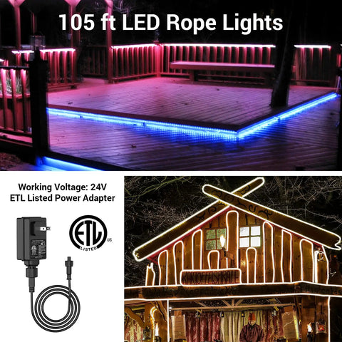 Smart Outdoor Rope Light 105ft Color Changing RGB LED Strip Lights With App Control And RF Remote Dimmable Exterior Tape Lighting Kit For Garden Parties And Yard Vibes 24V IP65 Weatherproof ETL