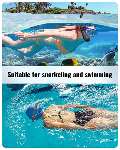Foldable Silicone Snorkel For Adults With A Wide Tube For Effortless Breathing in use underwater by adult swimmer in ocean and pool.