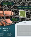 Close-up of heavy duty golf practice net 10x15 ft with 0.25 inch border side, 1 inch net holes, and 0.12 inch rope