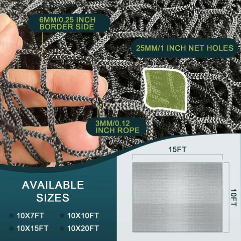Close-up of heavy duty golf practice net 10x15 ft with 0.25 inch border side, 1 inch net holes, and 0.12 inch rope