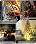 Collage showing audio equipment controls, an electric guitar, a drum set, and holiday lighting, illustrating varied electronic applications.