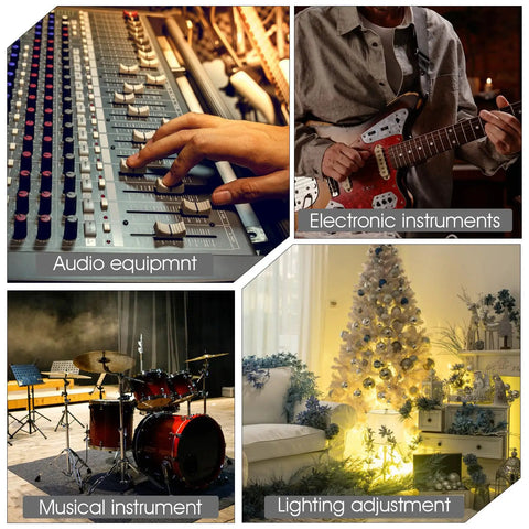 Collage showing audio equipment controls, an electric guitar, a drum set, and holiday lighting, illustrating varied electronic applications.