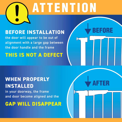 Illustration showing Easy Install No Tools Baby Gate For Doorways With Visual Pressure Indicator before and after installation.