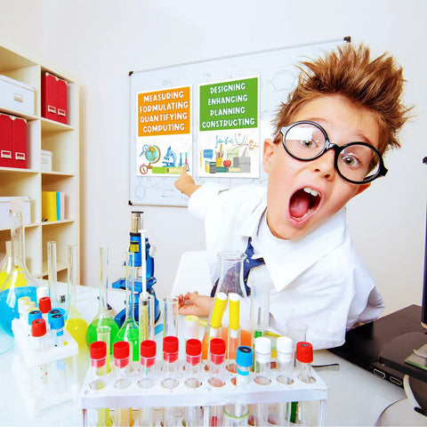 Child in lab coat excitedly pointing at STEM Science Bulletin Board Set With Gear Shaped Cutouts, 40 Pcs Classroom Decorations.