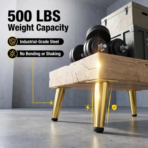Heavy Duty 4 Inch Furniture Legs Set of 4 in Satin Gold with industrial steel build, supporting wooden table with weights, 500 lbs capacity.