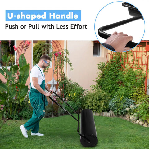 Man using Heavy Duty Lawn Roller Water Or Sand Filled Steel Drum Roller With U Shaped Handle for yard work