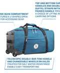 Sport 105 Wheeled Dive Bag With Telescopic Tow Handle Dual Carry Handles And Duffel Straps For Scuba Gear Denim Blue Fabric Large Main Compartment With U Shaped Access External Compression Straps For Easy Load Travel Ready, showing side view with wheels and handles.