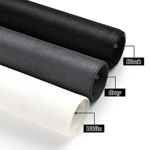 Black, gray, and white fiberglass mesh rolls for Adjustable 48 X 106 Fiberglass Window Screen Kit For Windows Doors And Patio DIY Pro Grade.