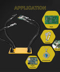 2 Pack Magnetic Flexible Gooseneck Metal Arms With Alligator Clips For Helping Hands Third Hand Tool shown with applications like PCB and jewelry.