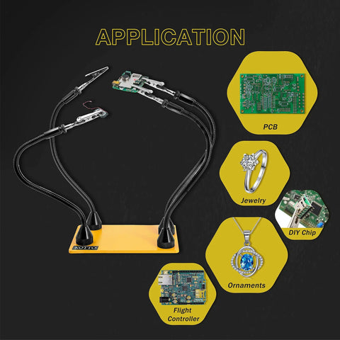 2 Pack Magnetic Flexible Gooseneck Metal Arms With Alligator Clips For Helping Hands Third Hand Tool shown with applications like PCB and jewelry.