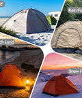 12 Inch Rustproof Aluminum Screw In Tent Stakes Set With 8mm Drill Adapter And Hooks securing tents in various terrains.