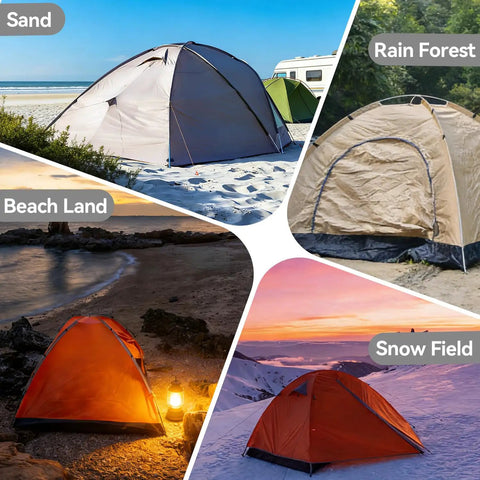 12 Inch Rustproof Aluminum Screw In Tent Stakes Set With 8mm Drill Adapter And Hooks securing tents in various terrains.