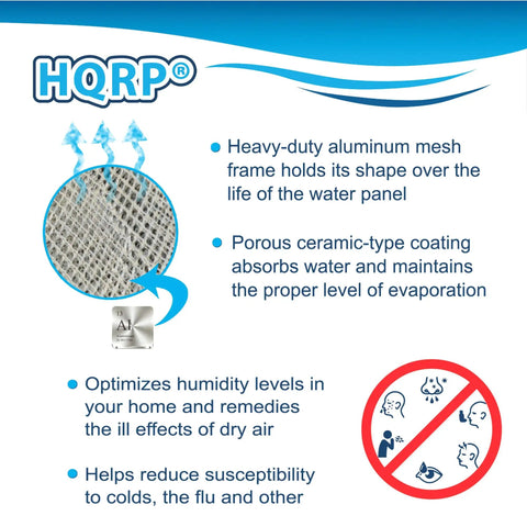 Infographic of HQRP Two Pack Humidifier Water Filter Replacement For Trane And American Standard BAYPAD02A1310A with features.