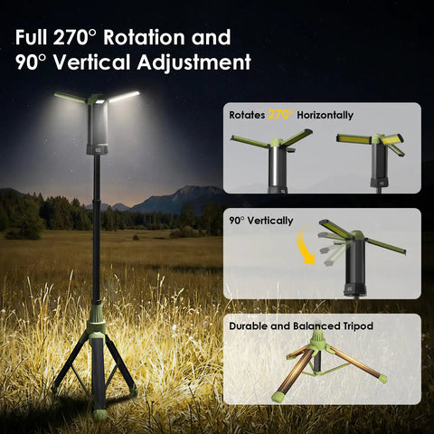 Rechargeable Camping Lantern With 9000mAh Battery, Adjustable 270-Degree Horizontal And 90-Degree Vertical Light on tripod