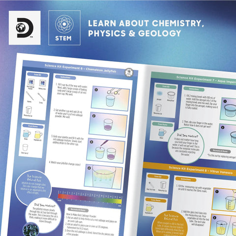 Science instructions page from Magic Science Lab Kit With 72 STEM Experiments For Kids Reactions Illusions Crystals Slime And Light Tricks DIY Chemistry Project Kit Educational Learning Toy And Physics Activity Set For Ages 8 Plus.