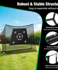 Backyard Golf Practice Net With Two Targets, 10x7ft Portable Hitting Net, sturdy black frame on grass field, outdoor use