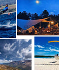 Collage of outdoor adventures: sailing, camping, hiking, and beach swing.
