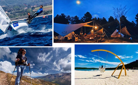 Collage of outdoor adventures: sailing, camping, hiking, and beach swing.