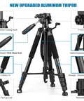 74 Inch Aluminum Camera Tripod For Cameras And Phones Pro Grade Stand with features labeled, including locking knob and handle.