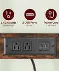 Close-up of power outlet and USB ports on Rustic Brown And Black Bakers Rack With Drawer Microwave Stand