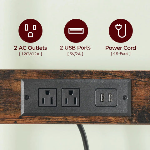 Close-up of power outlet and USB ports on Rustic Brown And Black Bakers Rack With Drawer Microwave Stand
