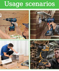 Four scenarios showing use of power drills in construction, plumbing, carpentry, and automotive repairs, highlighting versatility.