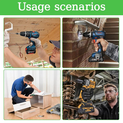 Four scenarios showing use of power drills in construction, plumbing, carpentry, and automotive repairs, highlighting versatility.
