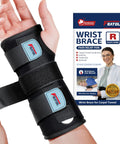 Person wearing Wrist Brace For Carpal Tunnel And Night Time Pain Relief With Splints Adjustable Right Hand Brace beside product box