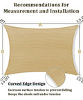 10x10 Foot Sand Shade Sail With Curved Canopy 185GSM Permeable HDPE Fabric Blocks 95 Percent UV Rays Breathable Patio Deck Backyard Shade Solution With Stainless Steel D Rings Custom Sizes Available, diagram showing measurements and curved edge design