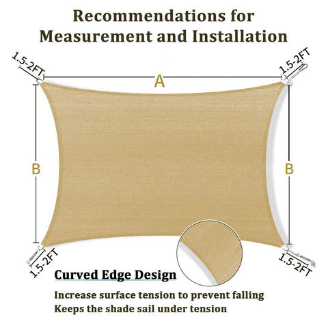 10x10 Foot Sand Shade Sail With Curved Canopy 185GSM Permeable HDPE Fabric Blocks 95 Percent UV Rays Breathable Patio Deck Backyard Shade Solution With Stainless Steel D Rings Custom Sizes Available, diagram showing measurements and curved edge design