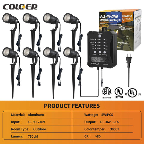 All-In-One Low Voltage Landscape Lighting Kit 8 Pack 5W Die-Cast Aluminum Outdoor Spotlights With 40W Transformer And Connectors