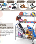 Heavy Duty Ball Organizer For Garage And Home Gym With Baseball Bat Holder And 3 Hooks 2 Large Bins And 4 Mesh Baskets Easy Assembly