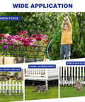 27 Ft Long 13 Inch High No Dig Garden Border Fence Kit With 25 Panels Rustproof Metal Pet Barrier shown in various applications.