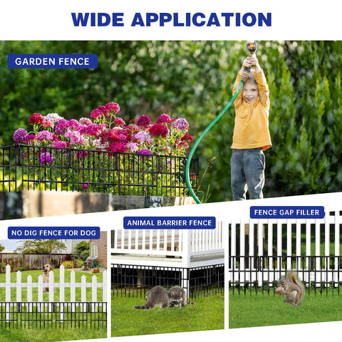 27 Ft Long 13 Inch High No Dig Garden Border Fence Kit With 25 Panels Rustproof Metal Pet Barrier shown in various applications.