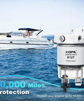 Marine Fuel Water Separator For Outboard Motors Ten Micron Three-Layer Filtration R12T model shown with boat on water