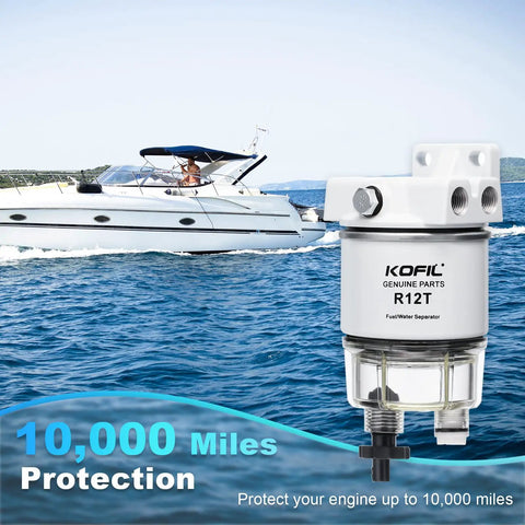 Marine Fuel Water Separator For Outboard Motors Ten Micron Three-Layer Filtration R12T model shown with boat on water
