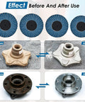 24 Piece Die Grinder Flap Disc Set With One Quarter Inch Shank, before and after metal surface smoothing effect