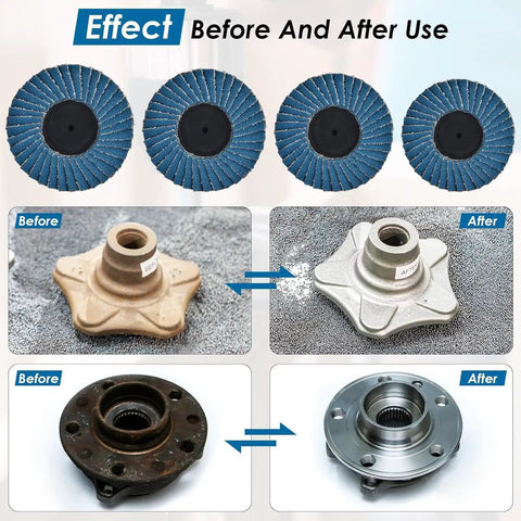 24 Piece Die Grinder Flap Disc Set With One Quarter Inch Shank, before and after metal surface smoothing effect