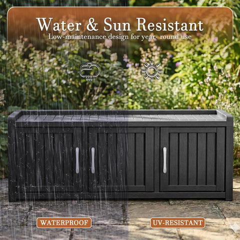 Waterproof Resin Shoe Bench With Adjustable Shelves, outdoor black 3-door cabinet, rustic industrial style under rain