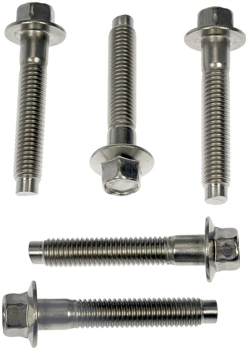Heavy Duty Exhaust Manifold Mount Hardware Kit Featuring Gnarly Stainless Steel Studs Bolts And Nuts Built Tough For Intense Heat Rust Free Knockout Factory Repair Solution, five stainless steel bolts close-up image.