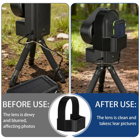 Power Supply Holder For Seestar S50 Cord Tangle Free Portable Grab N Go Mount showing before and after lens use outdoors