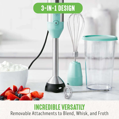 No Sweat 500 Watt Immersion Hand Blender With Knockout Stainless Steel Blades And Whisk Attachment Multi Speed Control Corded Stick Mixer For Breezy Smoothie Blends And Creamy Soup Puree Portable Turquoise showing blender with whisk and clear mixing cup.