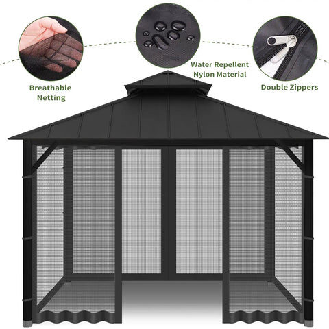 Universal Mosquito Netting For 10x12 Gazebos, 4 panel zippered mesh curtains, easy install, heavy duty polyester and nylon walls